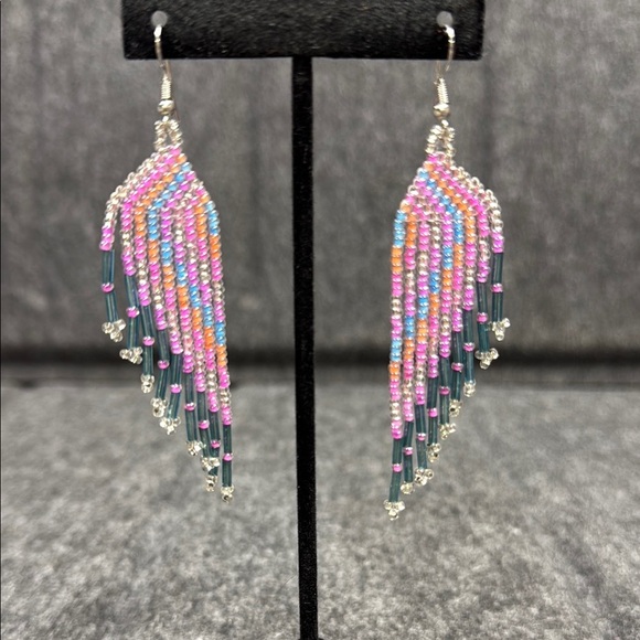 Pink and Silver Chandelier Earrings with Fringe Design - Picture 2 of 3